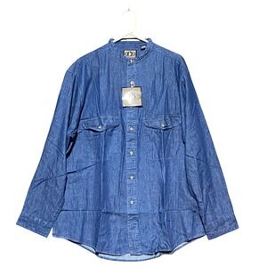 Bon Homme VTG Mens Blue Denim Band Collar Long Sleeve Button Up Shirt Large NWT